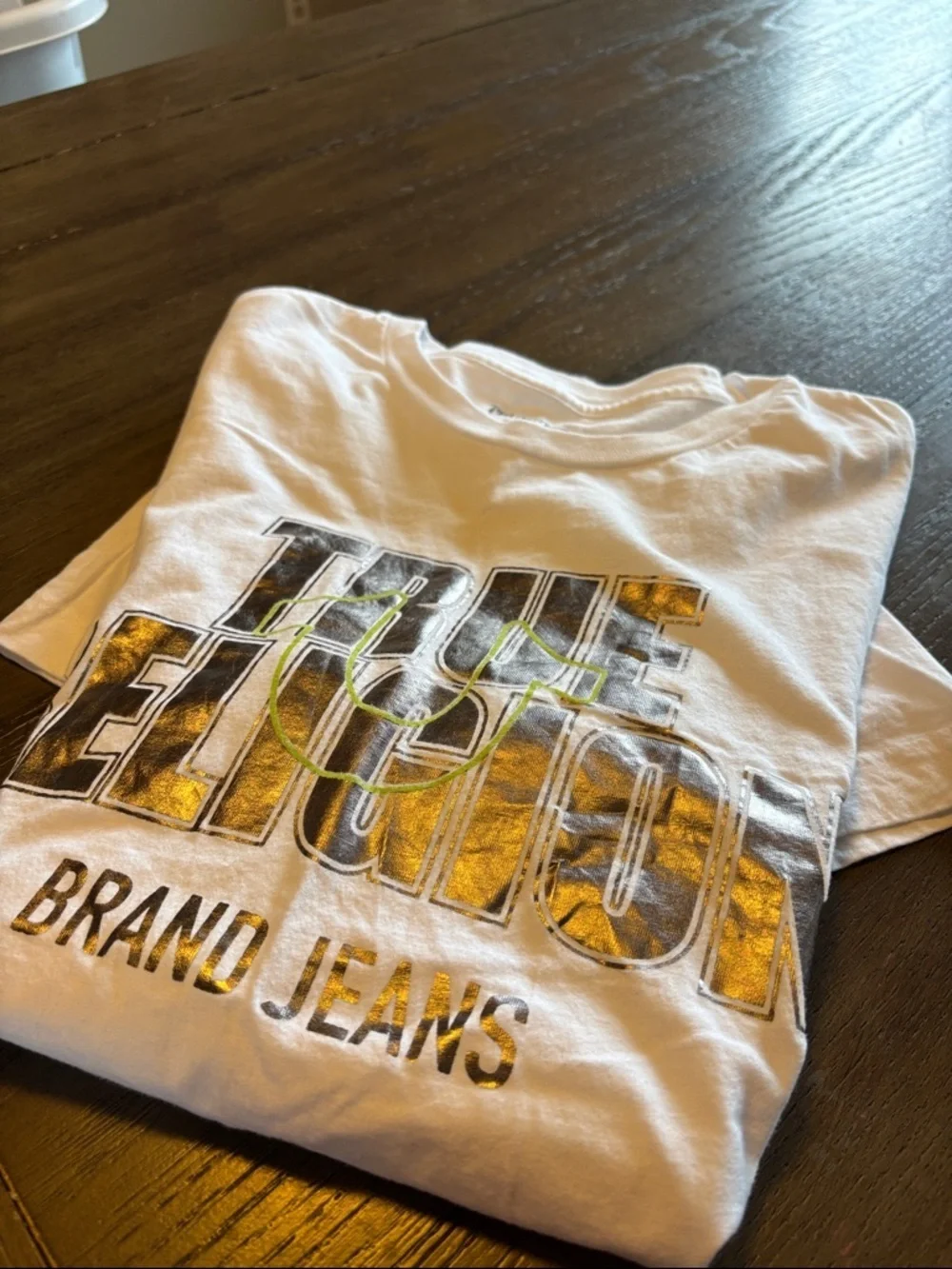 True Religion White metallic Short-Sleeve Logo Tee with Yellow Accent size small